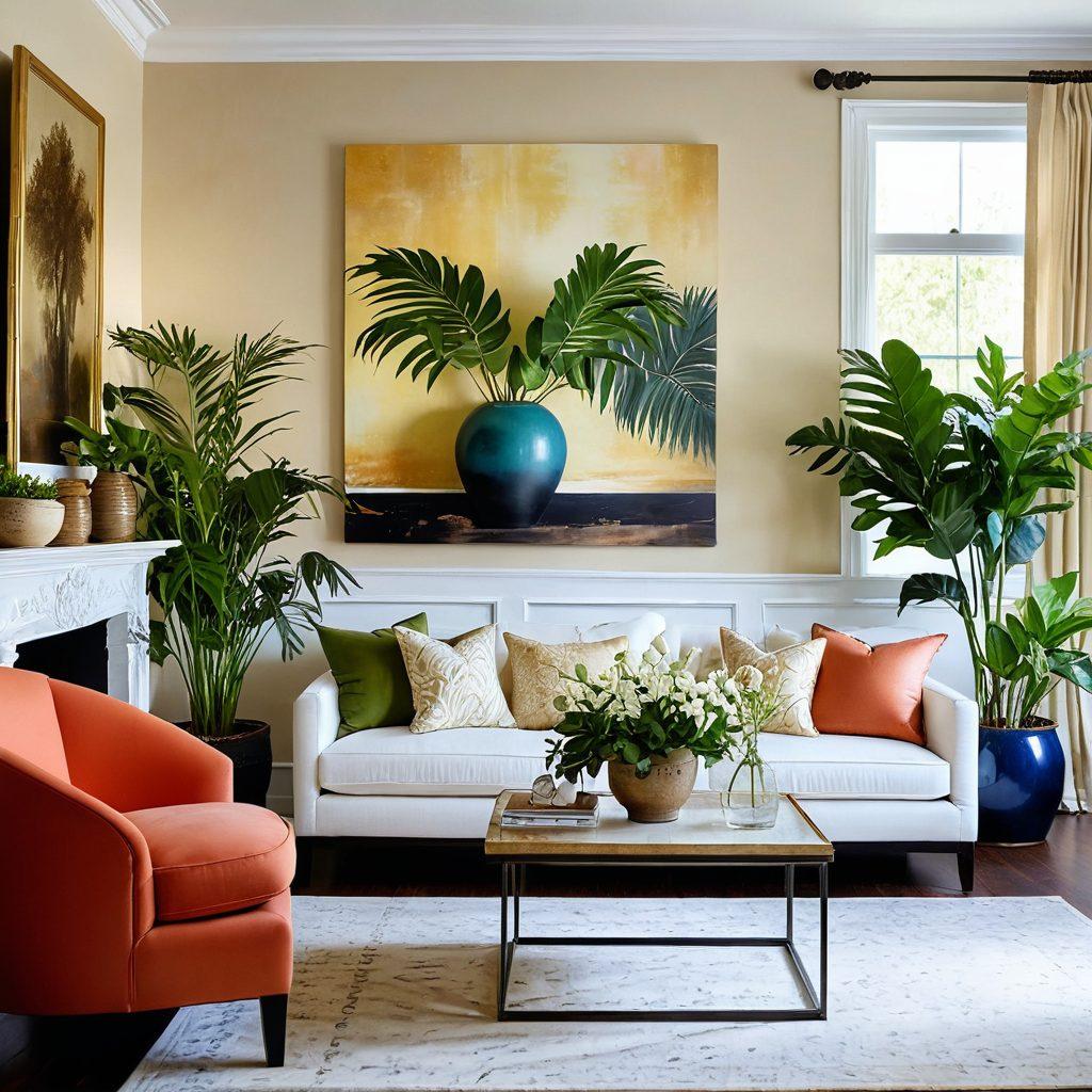 A serene living room showcasing elegant interior design trends, featuring a stylish blend of modern and vintage furnishings, soft natural lighting illuminating textured wallpaper, lush indoor plants adding a touch of greenery, and decorative accents like elegant vases and art pieces. The overall mood should be inviting and sophisticated. super-realistic. vibrant colors. soft focus.