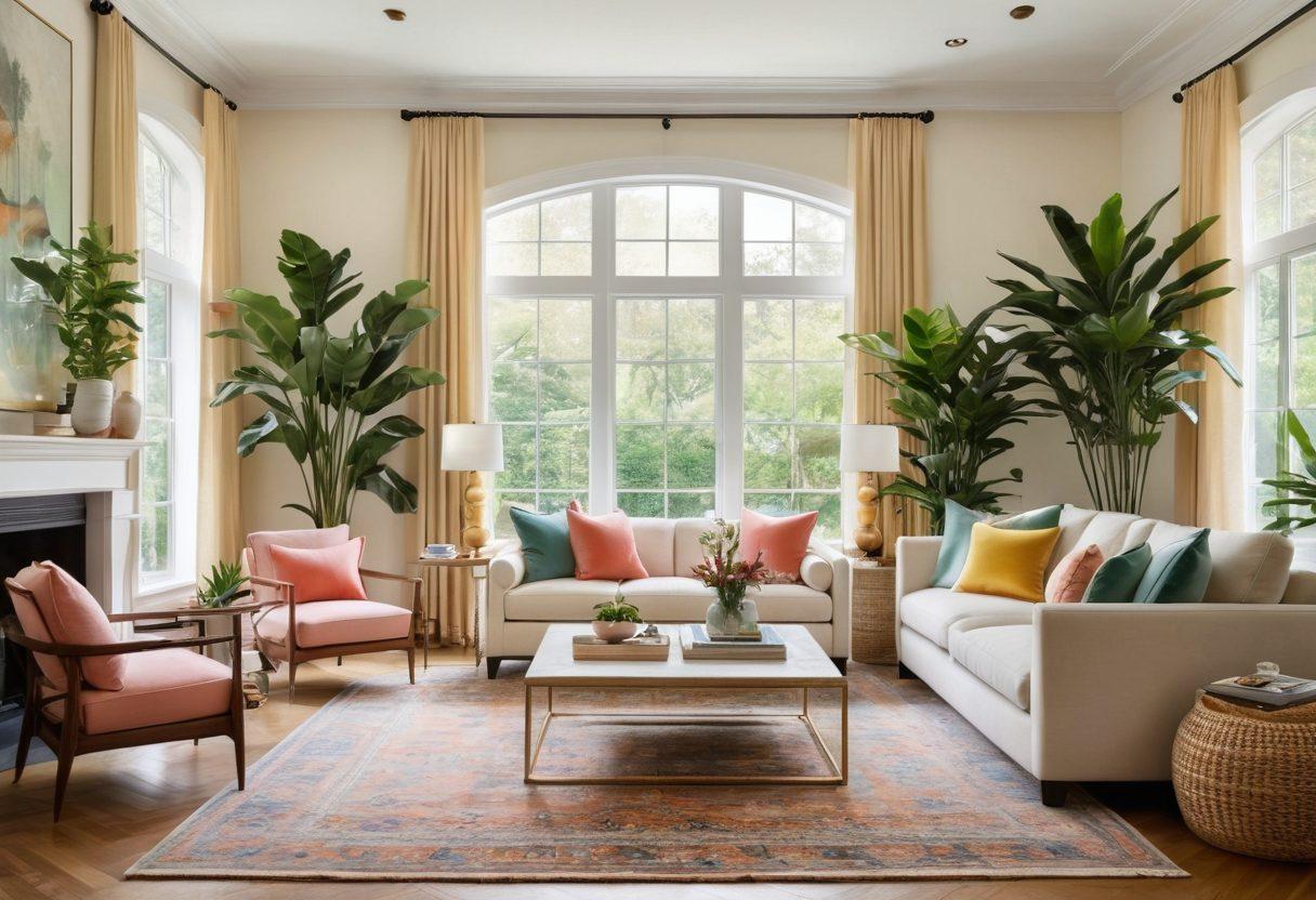 A beautifully decorated living room showcasing a mix of elegant furniture, stylish decor items, and vibrant indoor plants. The room should feature large windows with natural light streaming in, highlighting the chic color palette. Include decorative elements like a stylish rug, art pieces on the walls, and cozy seating arrangements that invite relaxation. The overall ambiance should feel warm and inviting, representing a perfect blend of sophistication and comfort. super-realistic. vibrant colors. cozy atmosphere.